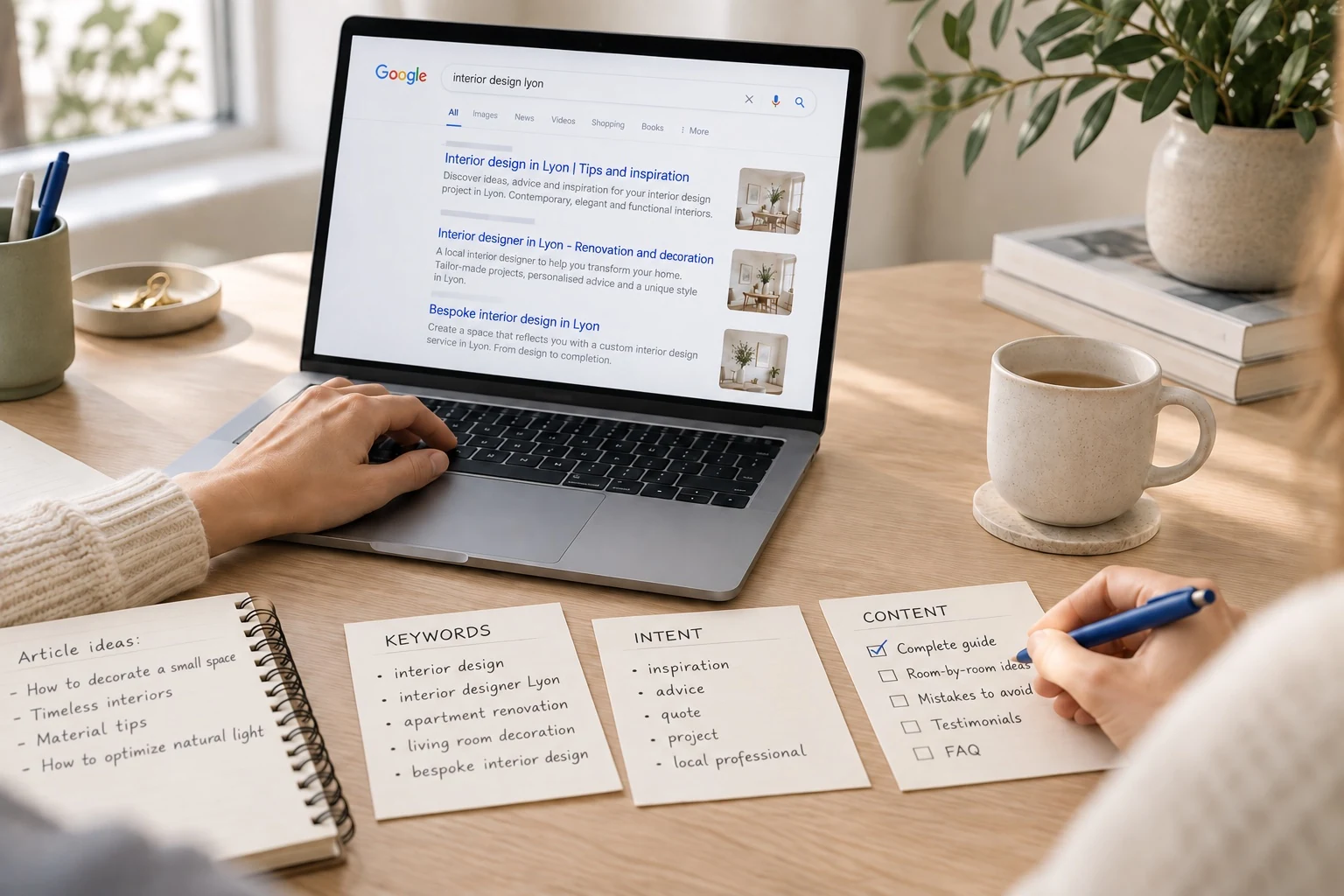 Generated illustration of local organic search results, alongside keyword notes.
