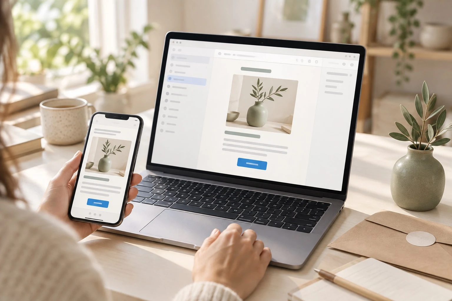 Illustration générée d’un email de marque affiché sur ordinateur et smartphone.