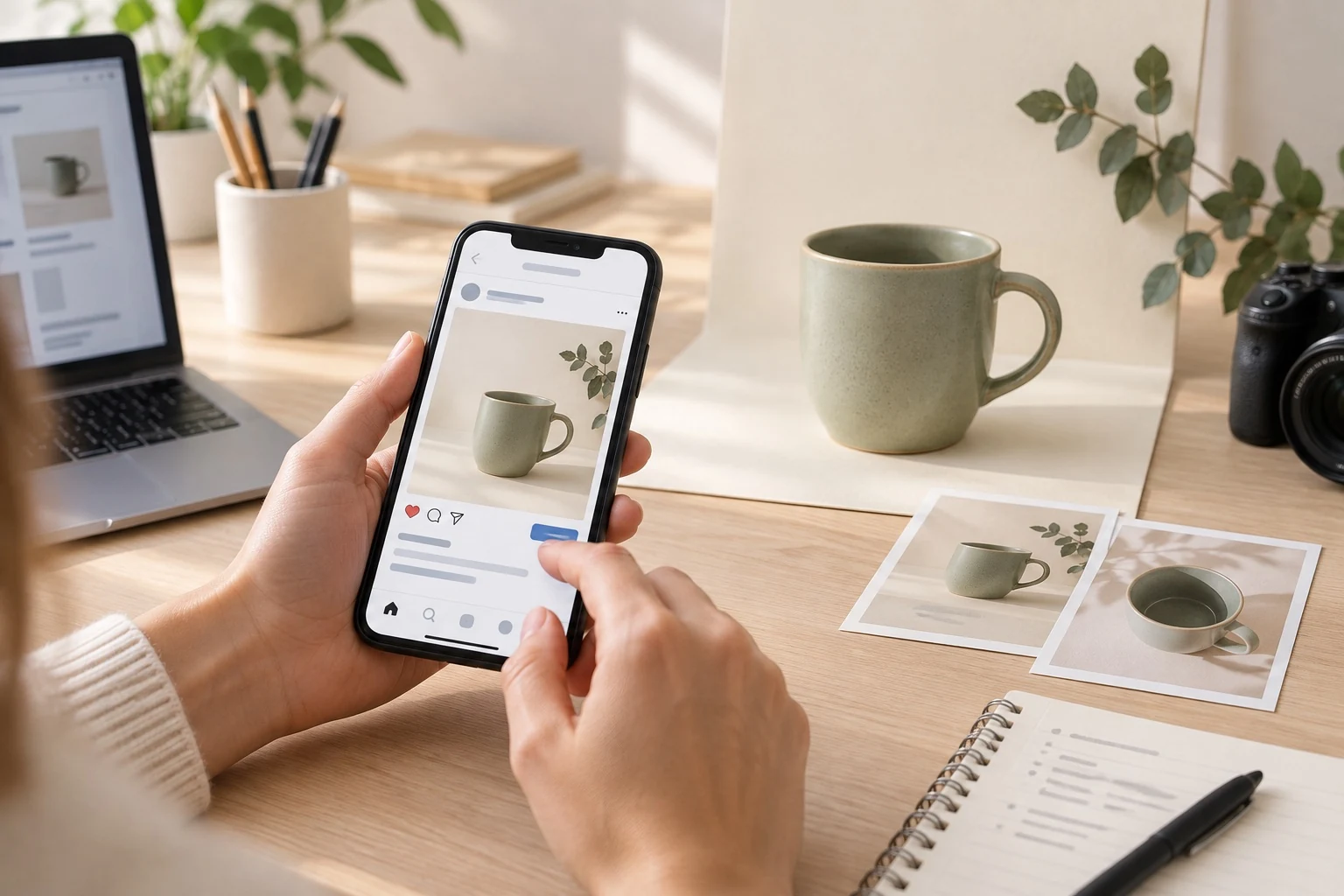 Illustration générée d’une publicité sur smartphone, à côté d’une interface de campagne sur ordinateur.