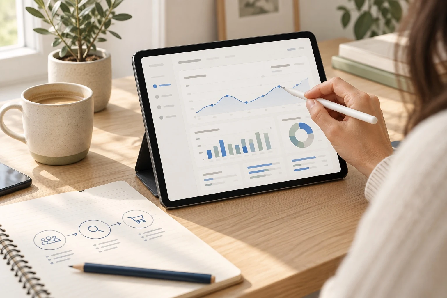 Generated illustration of an analytics dashboard annotated with a stylus on a tablet.